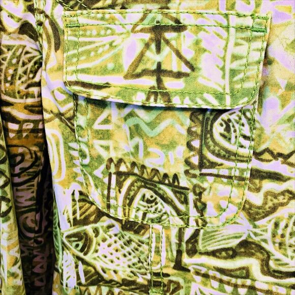 Chico's Jacket Green White Tribal Fish Print Chico Size 1 = Medium 8 Art to Wear - Picture 4 of 7
